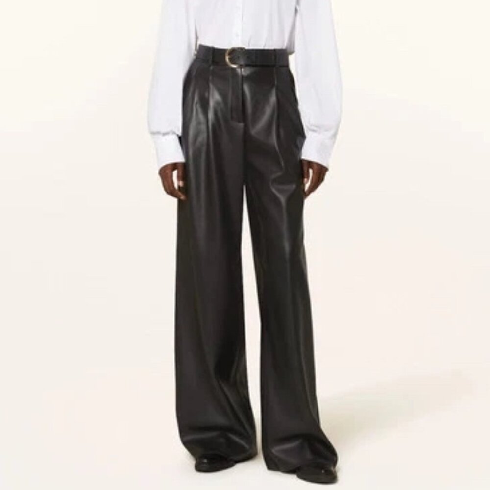 BOSS BY HUGO BOSS BLACK FAUX LEATHER PLEATED WIDE LEG PANTS HAWINE-1 SIZE 8 NWT